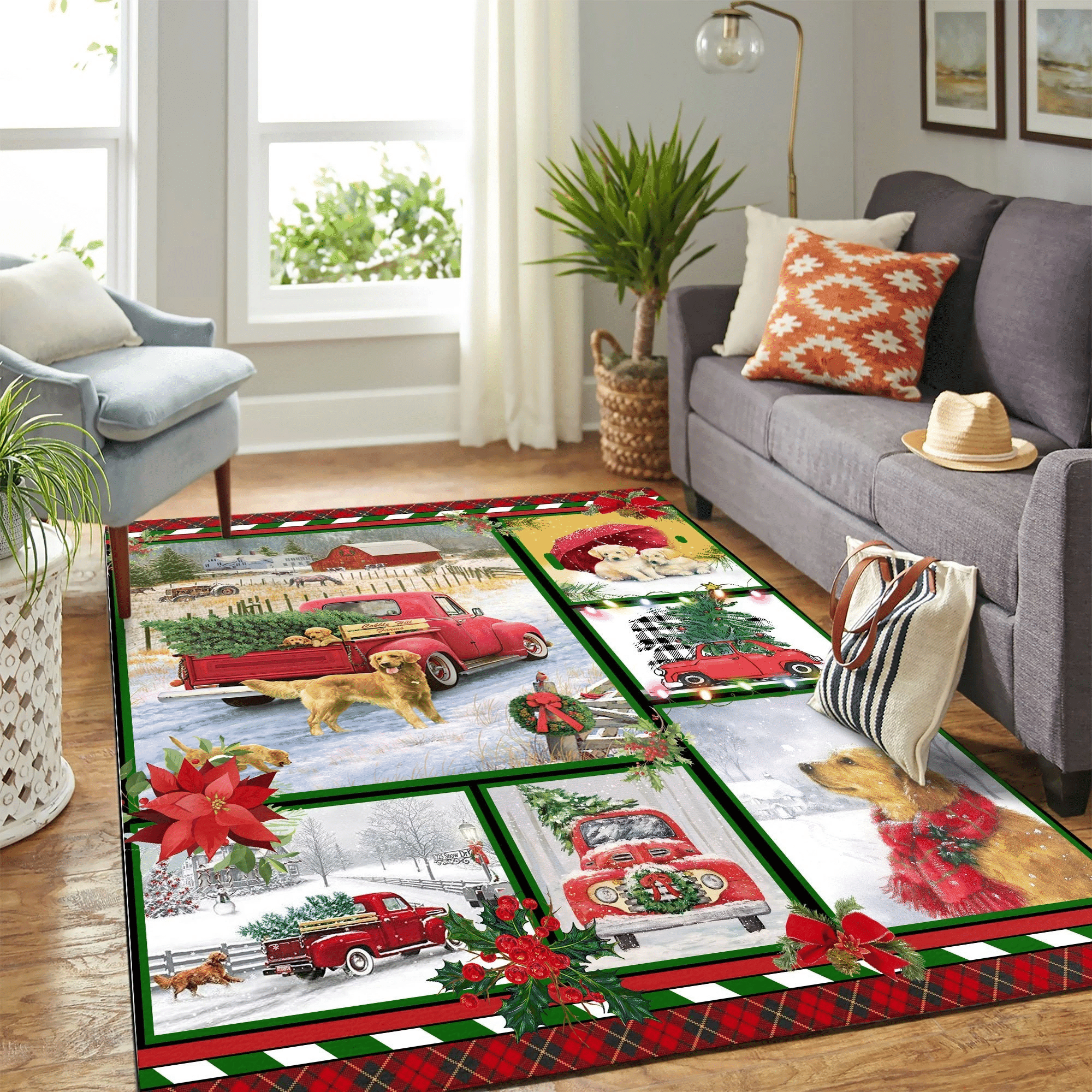 Golden Retriever Red Truck Christmas Quilt Mk Carpet Area Rug Chrismas Gift - Indoor Outdoor Rugs