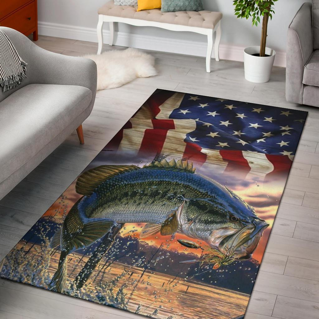 Bass Fish American Flag Area Rug Chrismas Gift - Indoor Outdoor Rugs