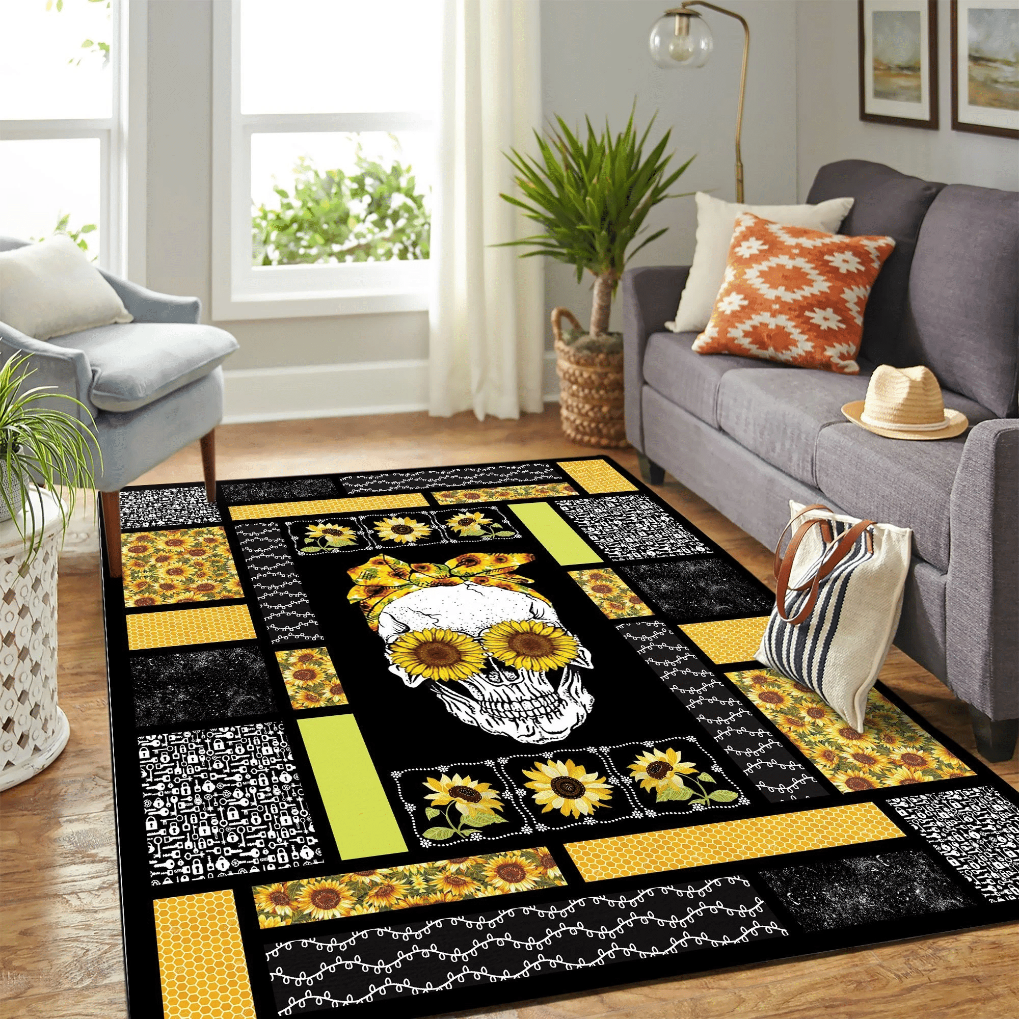 Skull Sunflower Quilt Mk Carpet Area Rug Chrismas Gift - Indoor Outdoor Rugs