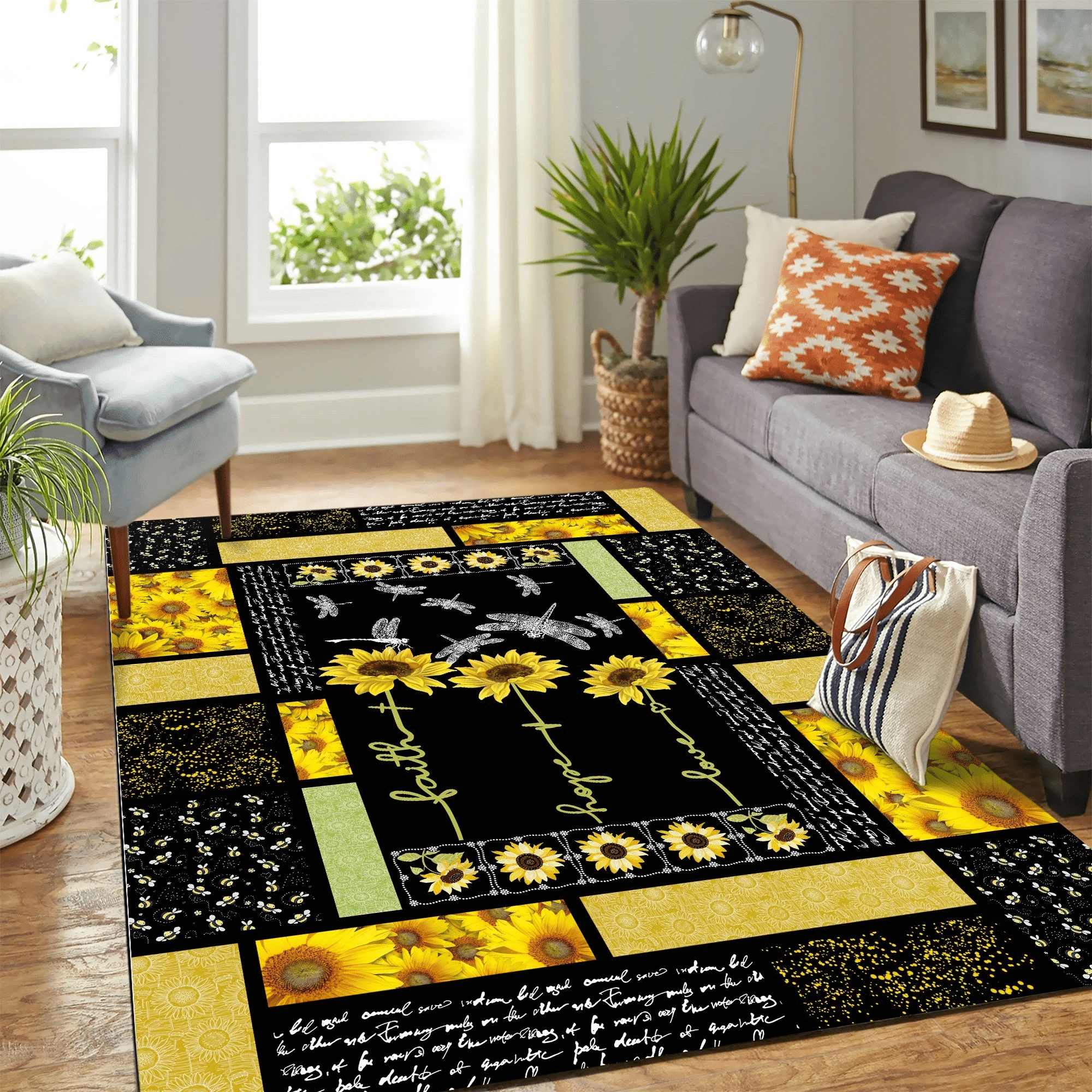 Dragonfly Sunflower Quilt Mk Carpet Area Rug Chrismas Gift - Indoor Outdoor Rugs