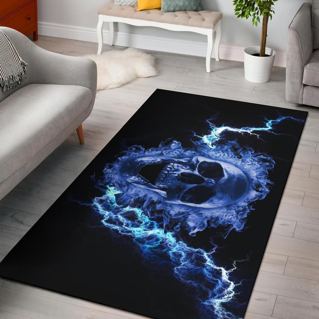 Blue Flaming Skull Area Rug Chrismas Gift - Indoor Outdoor Rugs