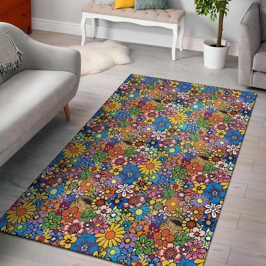 Hippie Flower Floral Area Rug Chrismas Gift - Indoor Outdoor Rugs