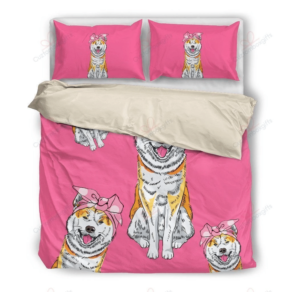 Akita With Pink Ribbon Printed Bedding Set Bedding Sets Duvet