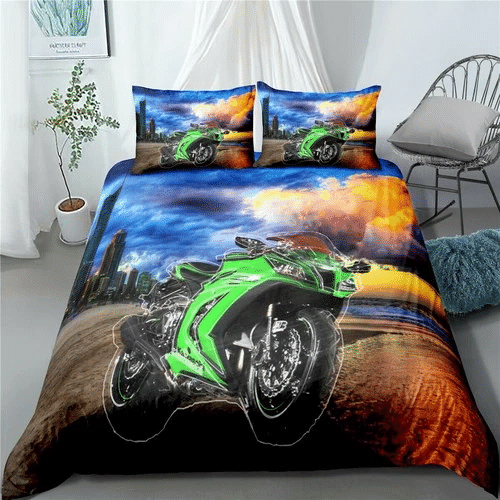 Green Motorbike Bedding Sets Duvet Cover Bedroom Quilt Bed Sets