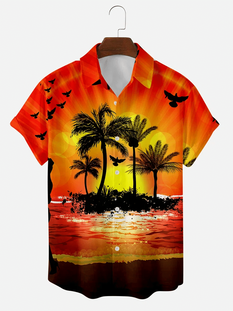 Mens Vintage Hawaiian Shirt Casual Resort Beach Coconut Tree Print Pink Cotton Blend Shirt