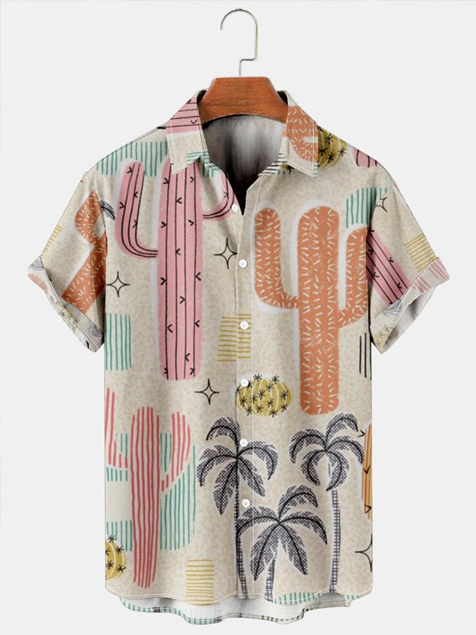 Mens Hawaiian Shirt Casual Geometric Coconut Tree Print Short Sleeved Shirt  For Couples