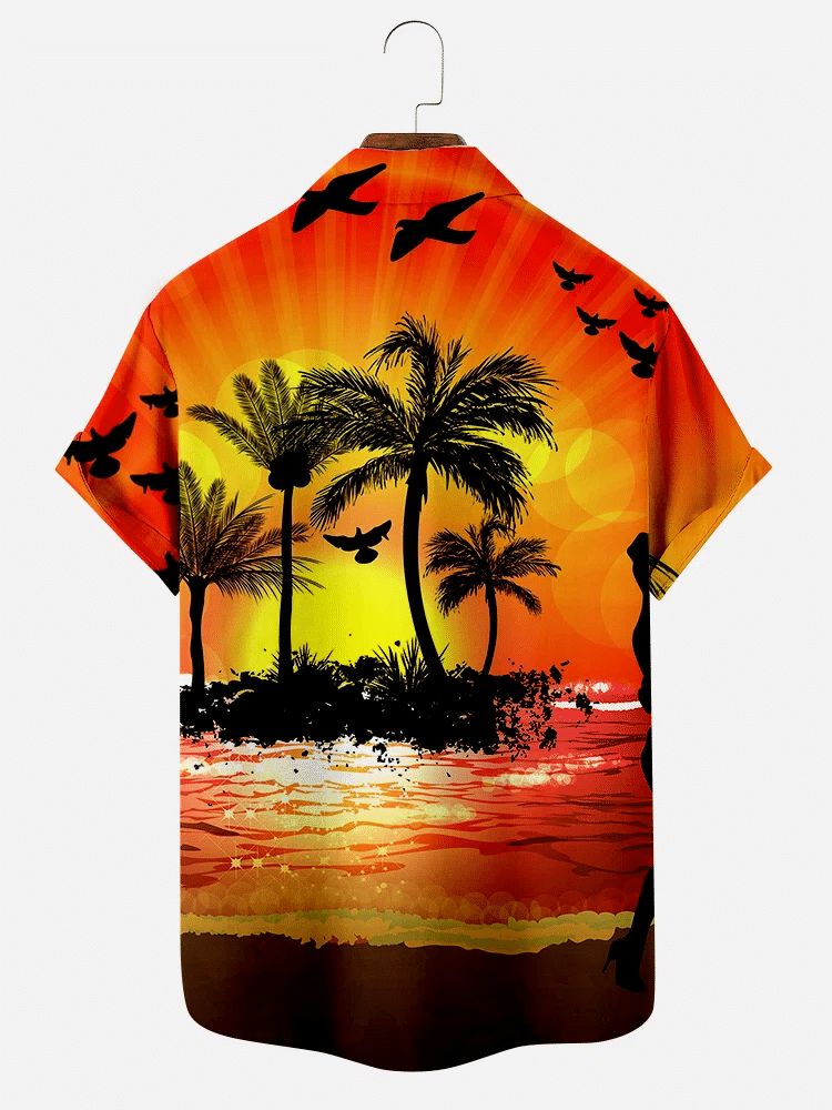 Mens Vintage Hawaiian Shirt Casual Resort Beach Coconut Tree Print Pink Cotton Blend Shirt