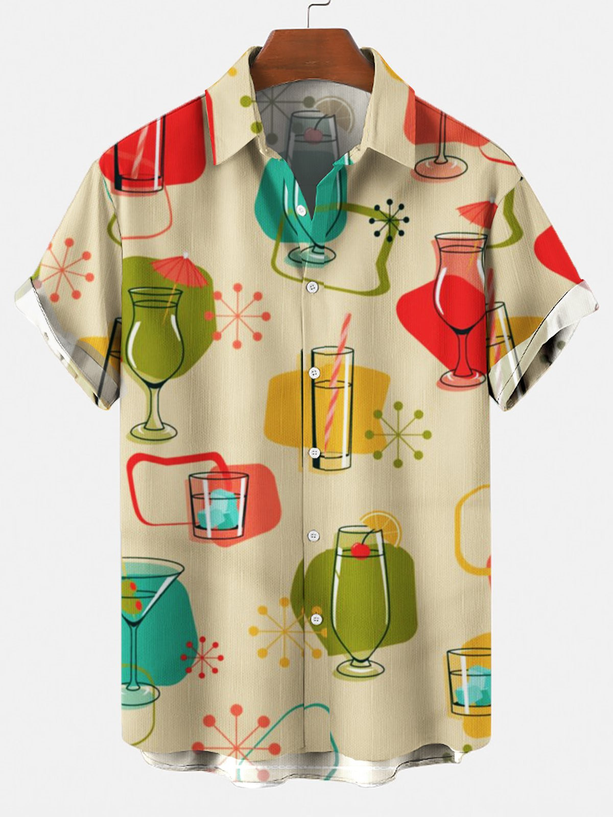 Mens 50s Vintage Short Sleeve DrinkFood Casual Hawaiian Shirt