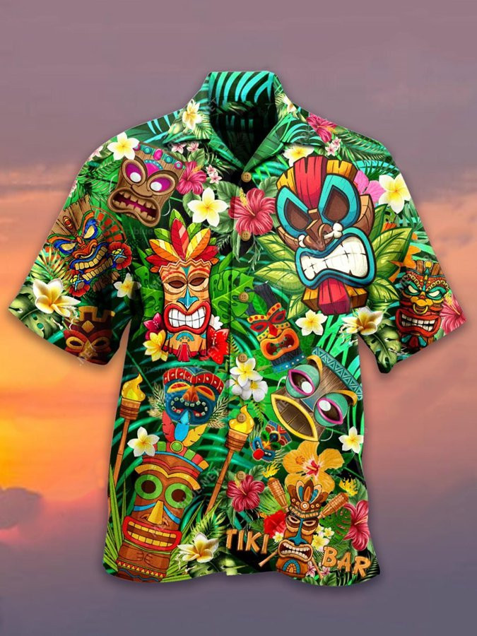 Mens Vintage Hawaiian Shirt Holiday Tiki Bar Colorful Cotton Blend Short Sleeve Shirt For Couples