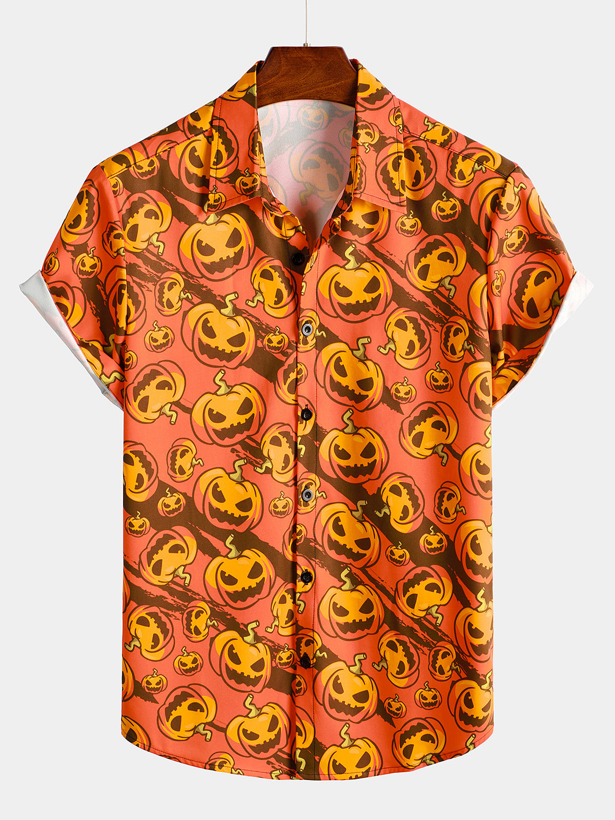 Mens Casual Pumpkin Print Button Halloween Short Sleeve Shirt Hawaiian Shirt for Men Women