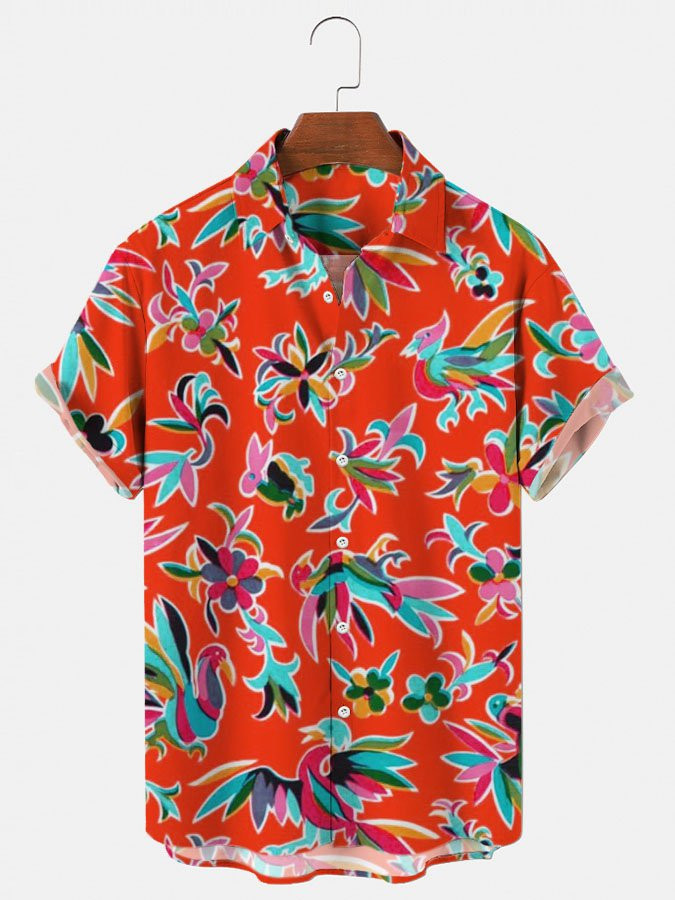 Mens Hawaiian Shirt Red Cotton-Blend Animal Vintage Series Shirts  Tops