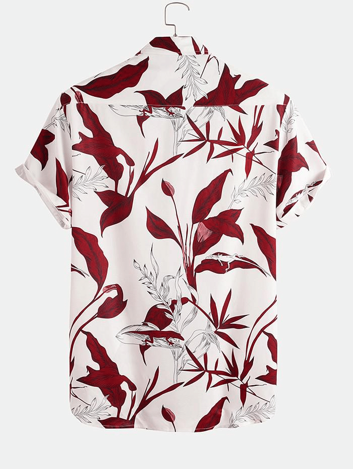 Mens Casual Hawaiian Shirts Plant Print Short Sleeve Shirt