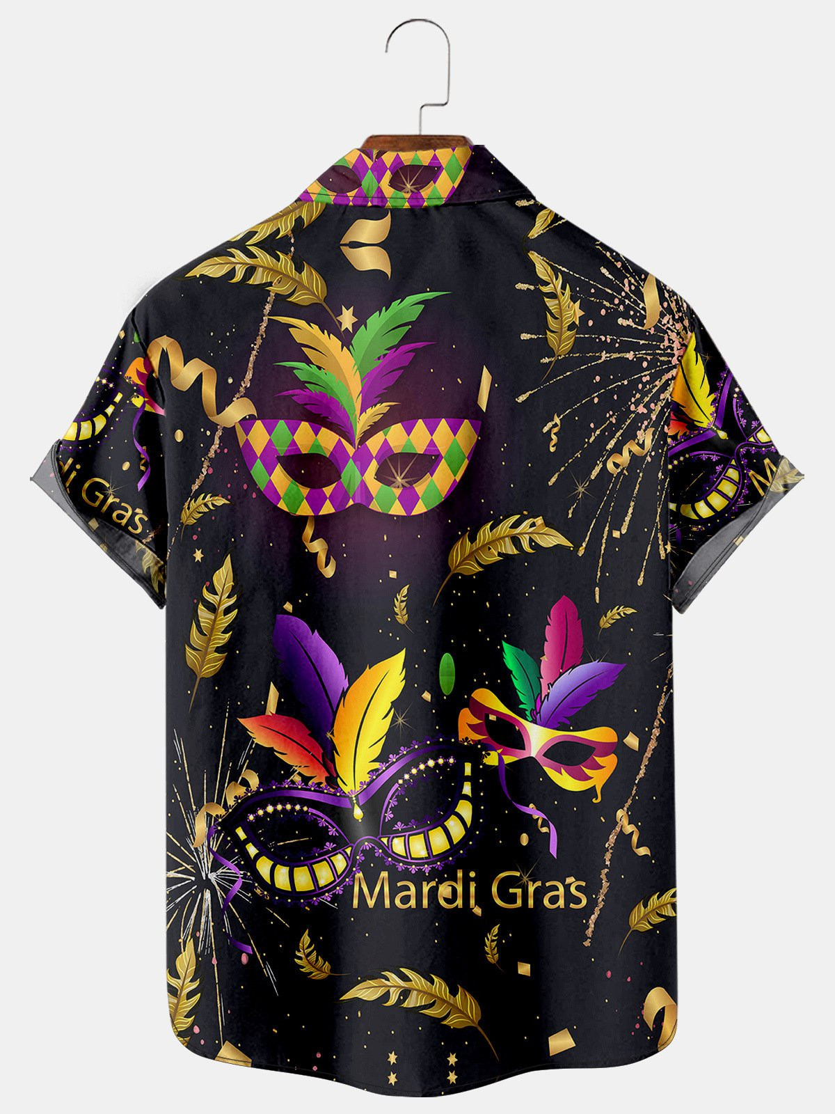 Mens Mardi Gras Mask Fireworks Print Cotton Blend Short Sleeve Hawaiian Shirt