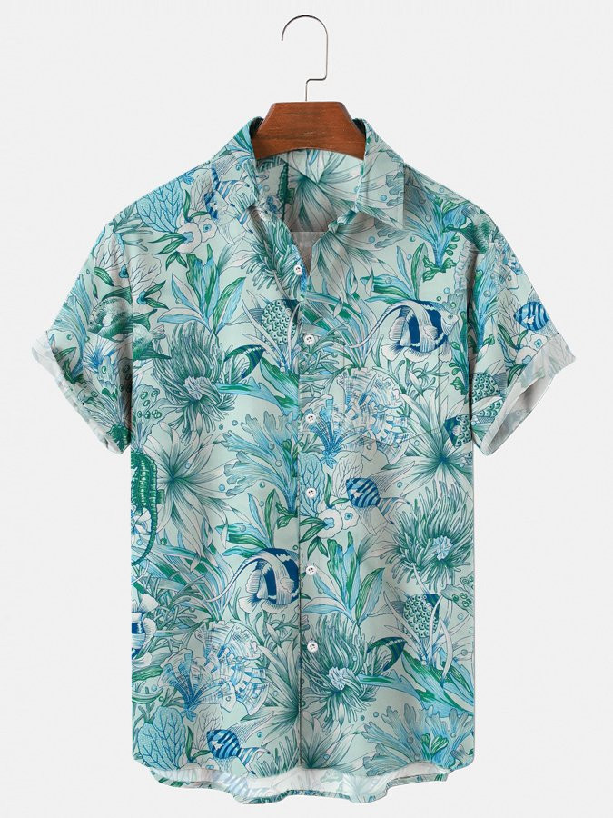 Mens Hawaiian Shirt Casual Aloha Beach Shirts Green Cotton-Blend Animal Shirts