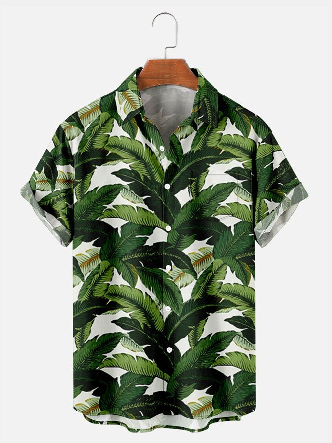 Vintage Mens Botanical Print Green Hawaiian Shirt