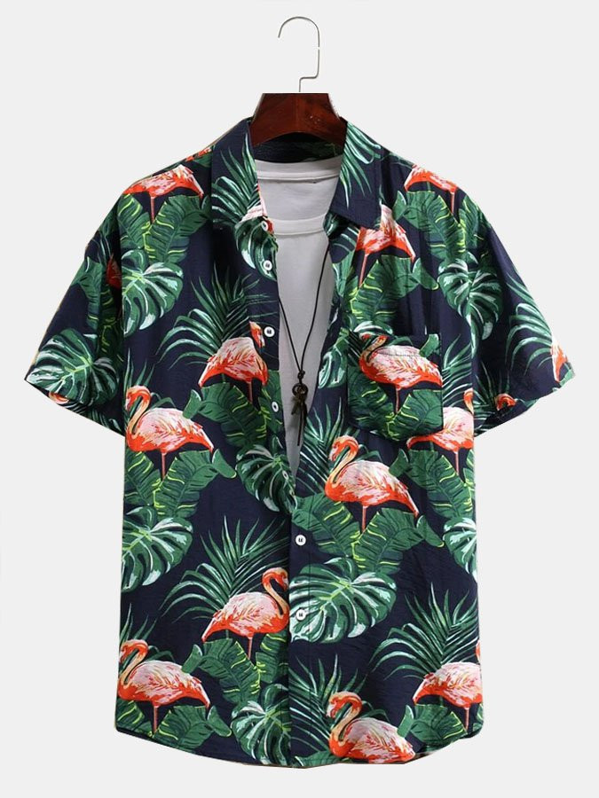 Mens Vintage Flamingo Tropical Plant Print Short Sleeve Hawaiian Shirt