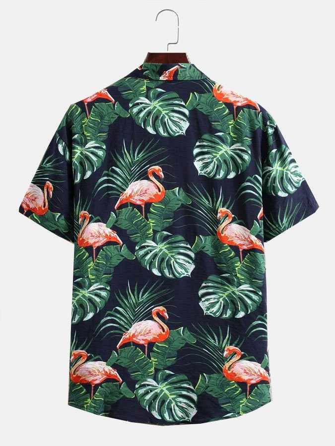 Mens Vintage Flamingo Tropical Plant Print Short Sleeve Hawaiian Shirt