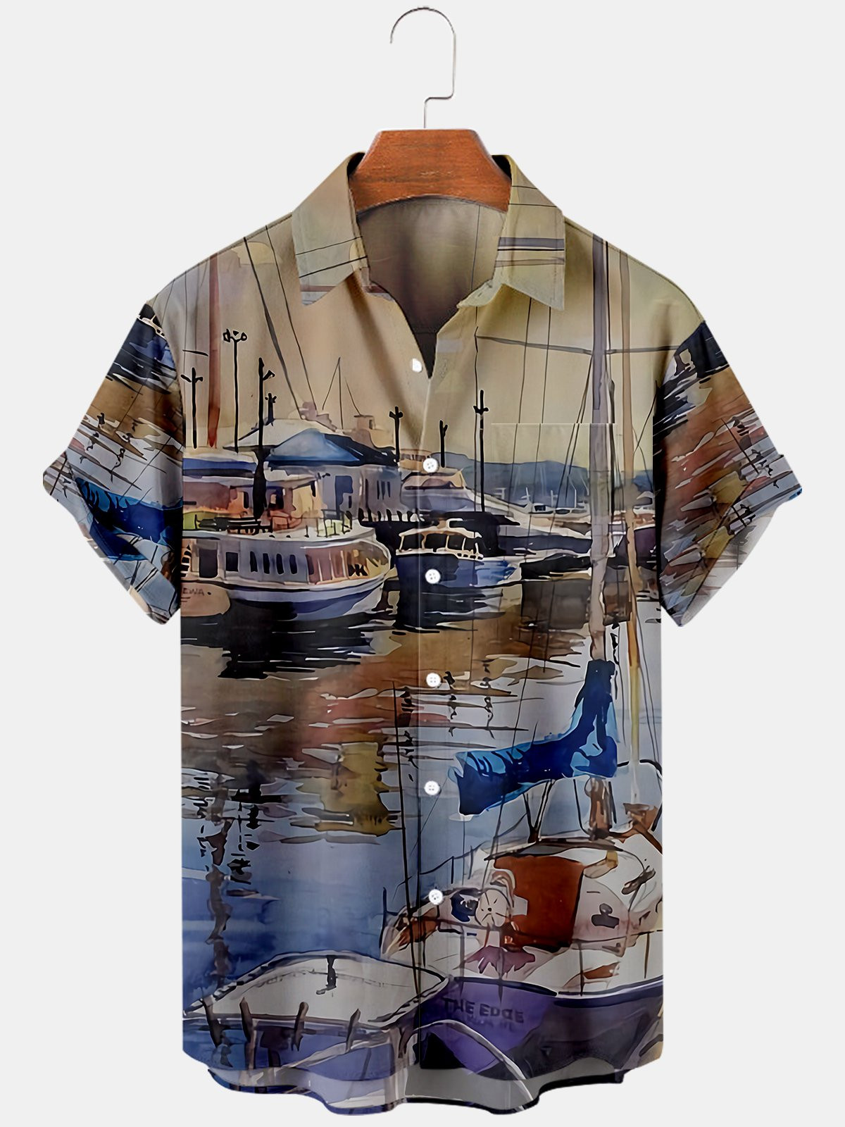 Hawaiian Vintage Abstract Seaport Vessel Mens Casual Short-sleeved Shirt