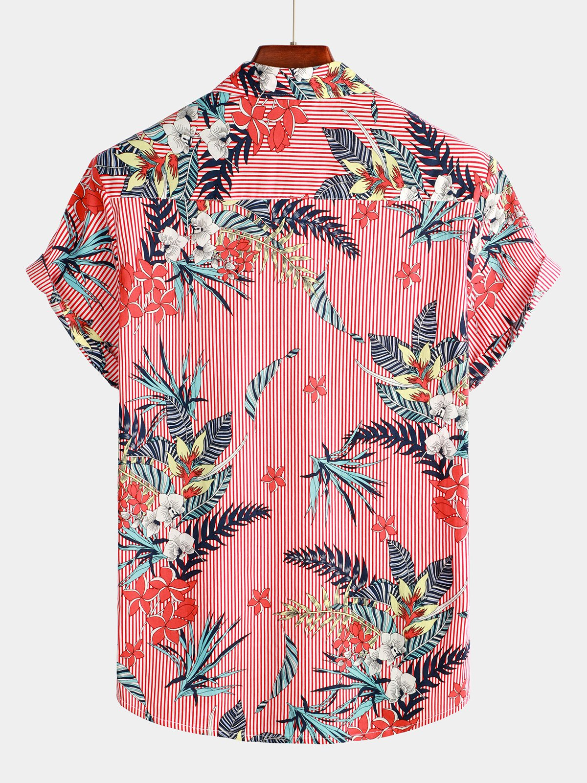 Mens Casual Floral Pocket Cotton Striped Shirt Hawaiian Shirt for Men Women