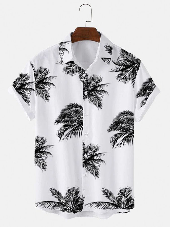 Mens Palm Leaf Print Vintage Short Sleeve Hawaiian Shirt