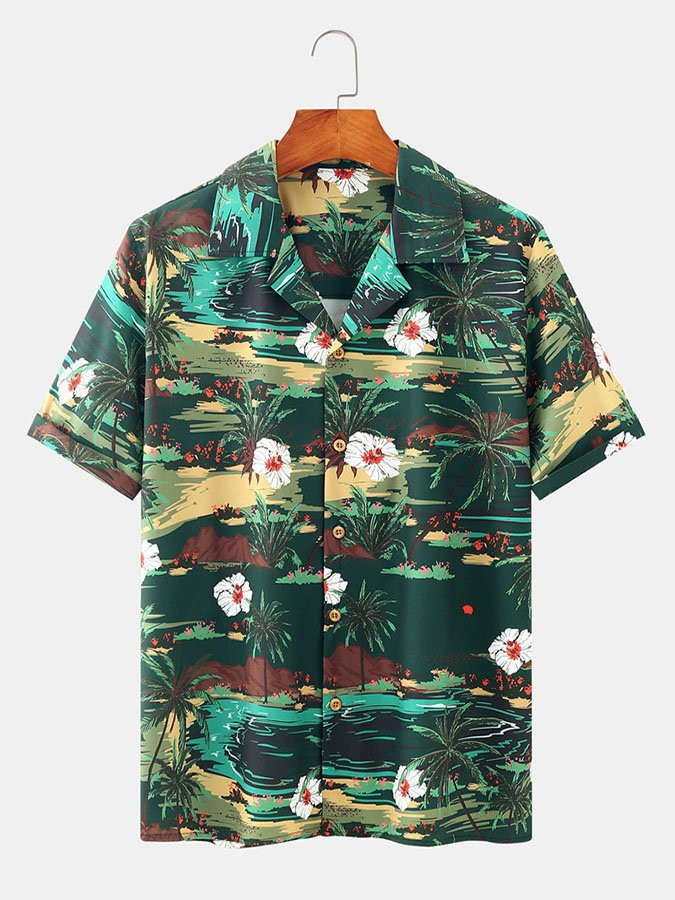 Green Floral Printed Holiday Series Cotton-Blend Shirts  Tops Hawaiian Shirt for Men Women