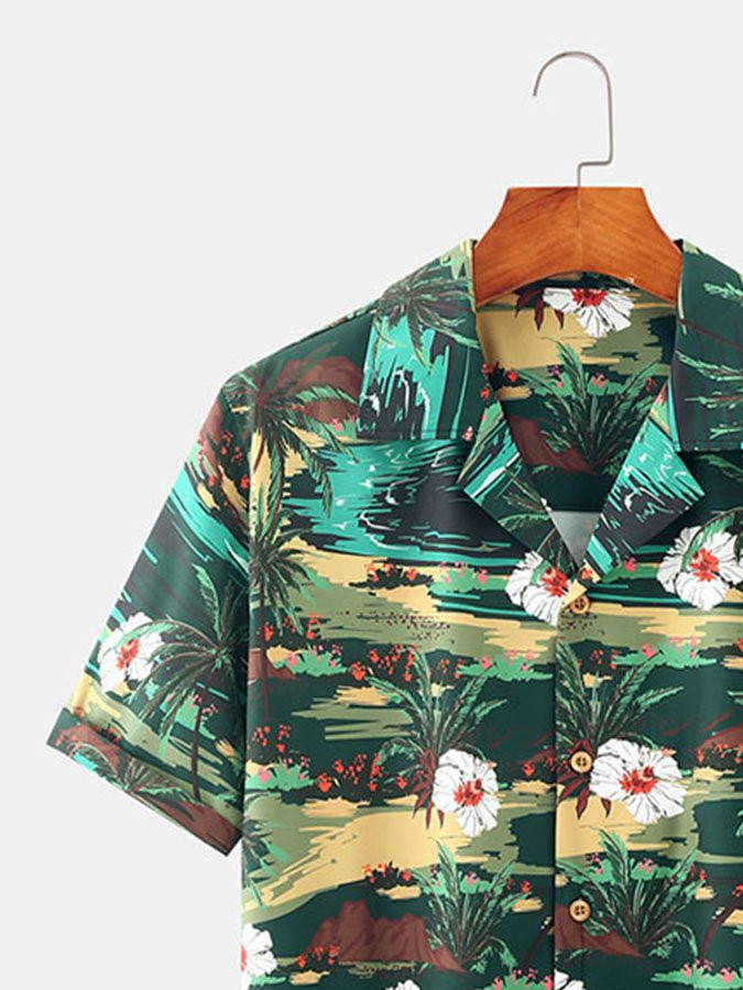 Green Floral Printed Holiday Series Cotton-Blend Shirts  Tops Hawaiian Shirt for Men Women