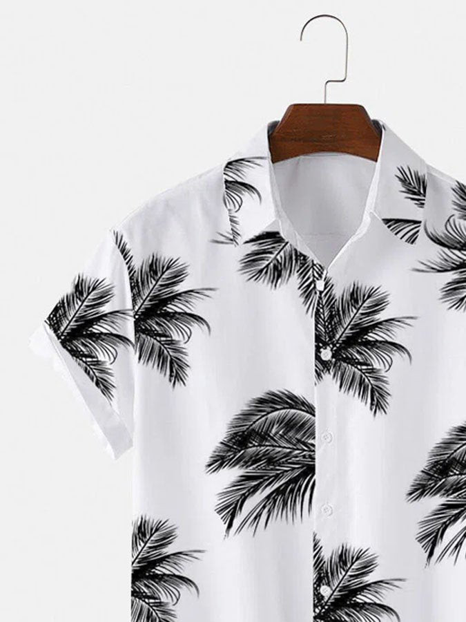 Mens Palm Leaf Print Vintage Short Sleeve Hawaiian Shirt