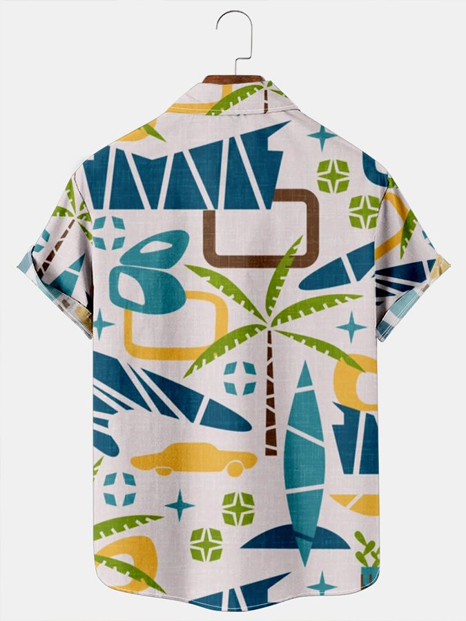 Mens Geometric Coconut Tree Print Casual Breathable Hawaiian Short Sleeved Shirt