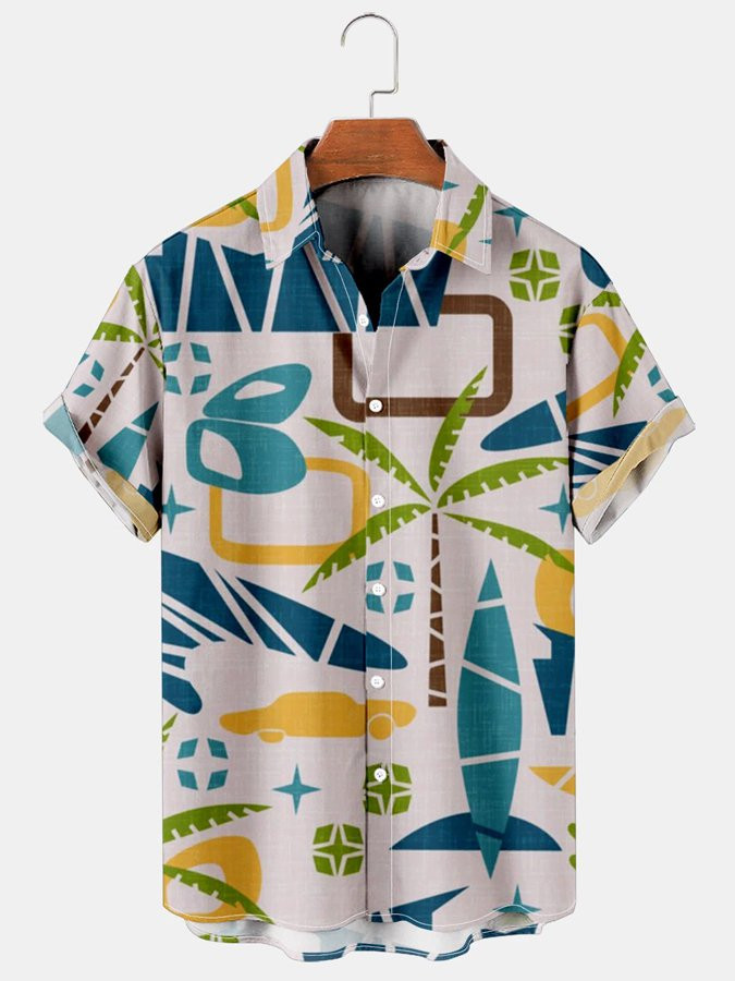 Mens Geometric Coconut Tree Print Casual Breathable Hawaiian Short Sleeved Shirt