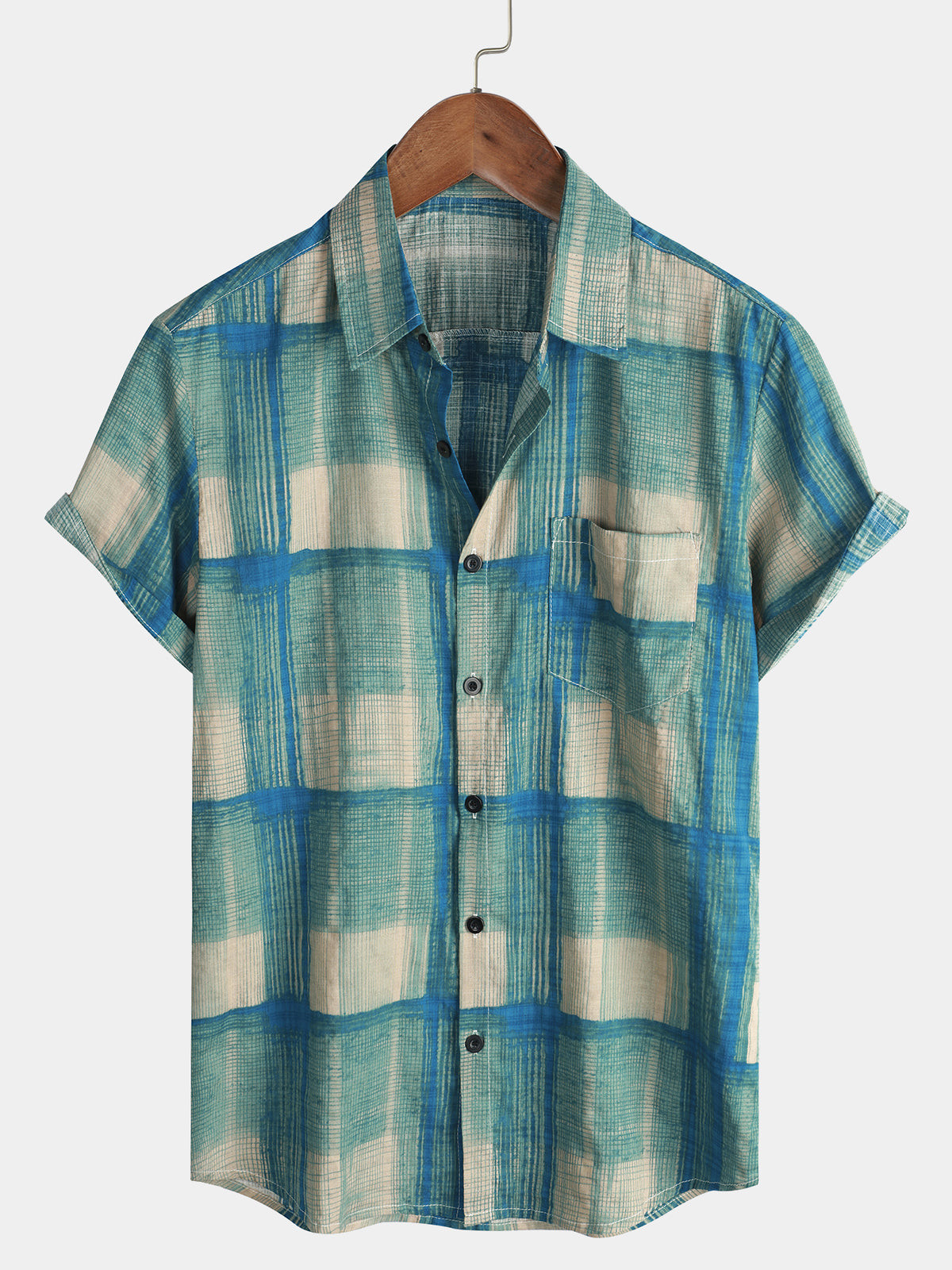 Mens Blue Casual Cotton Pocket Plaid Short Sleeve Shirt Hawaiian Shirt for Men Women