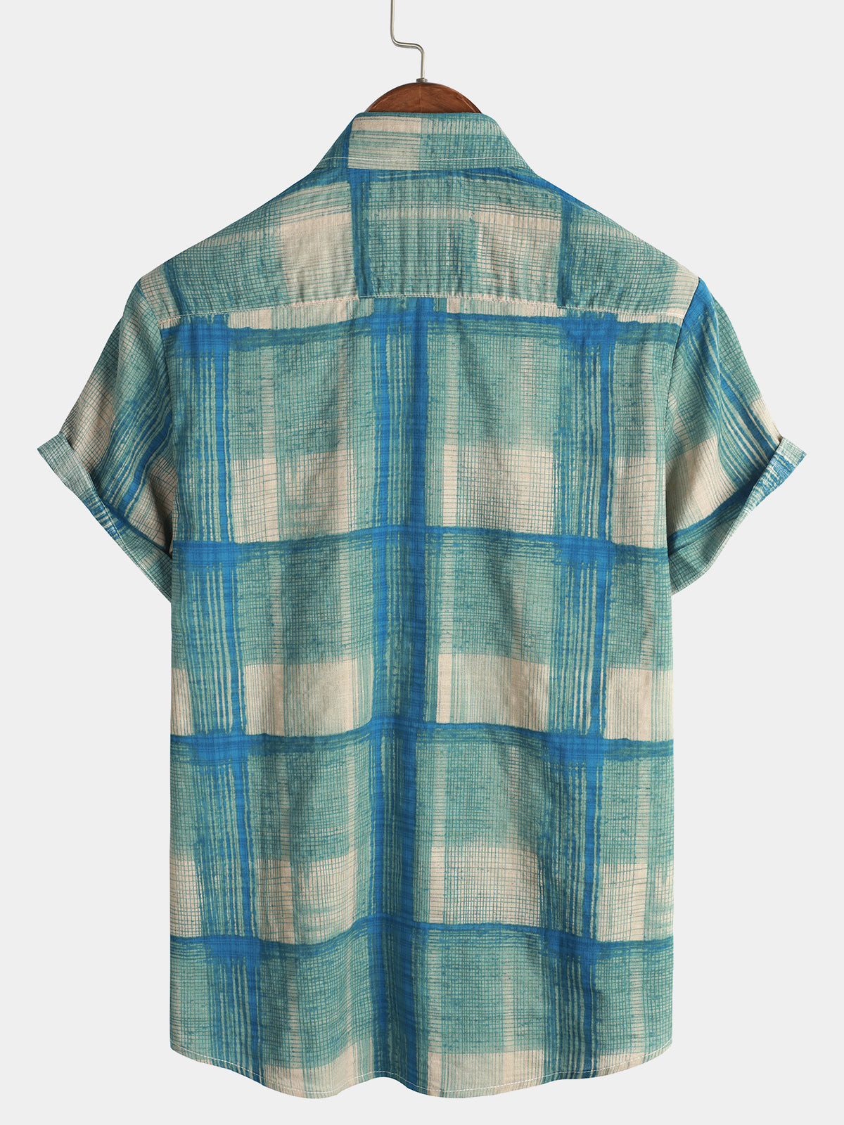 Mens Blue Casual Cotton Pocket Plaid Short Sleeve Shirt Hawaiian Shirt for Men Women