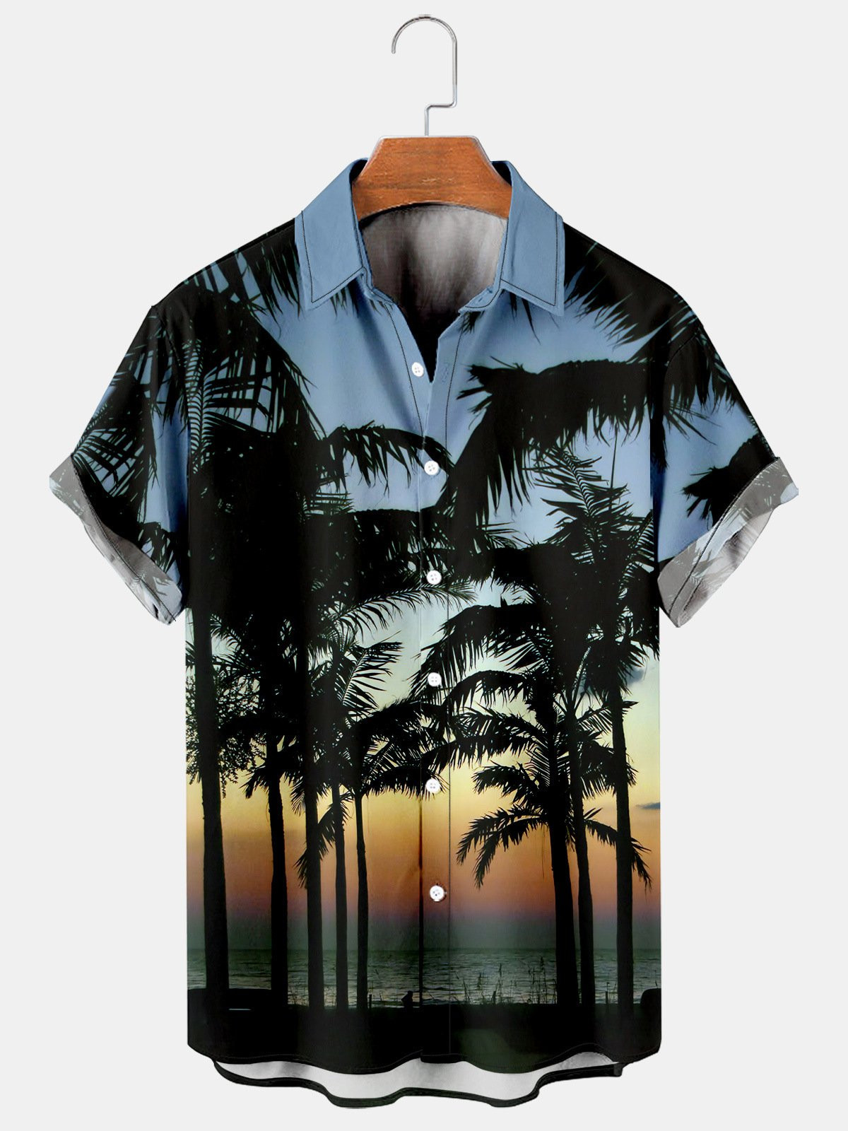 Mens Coconut Tree Printed Casual Breathable Hawaiian Short Sleeve Shirt