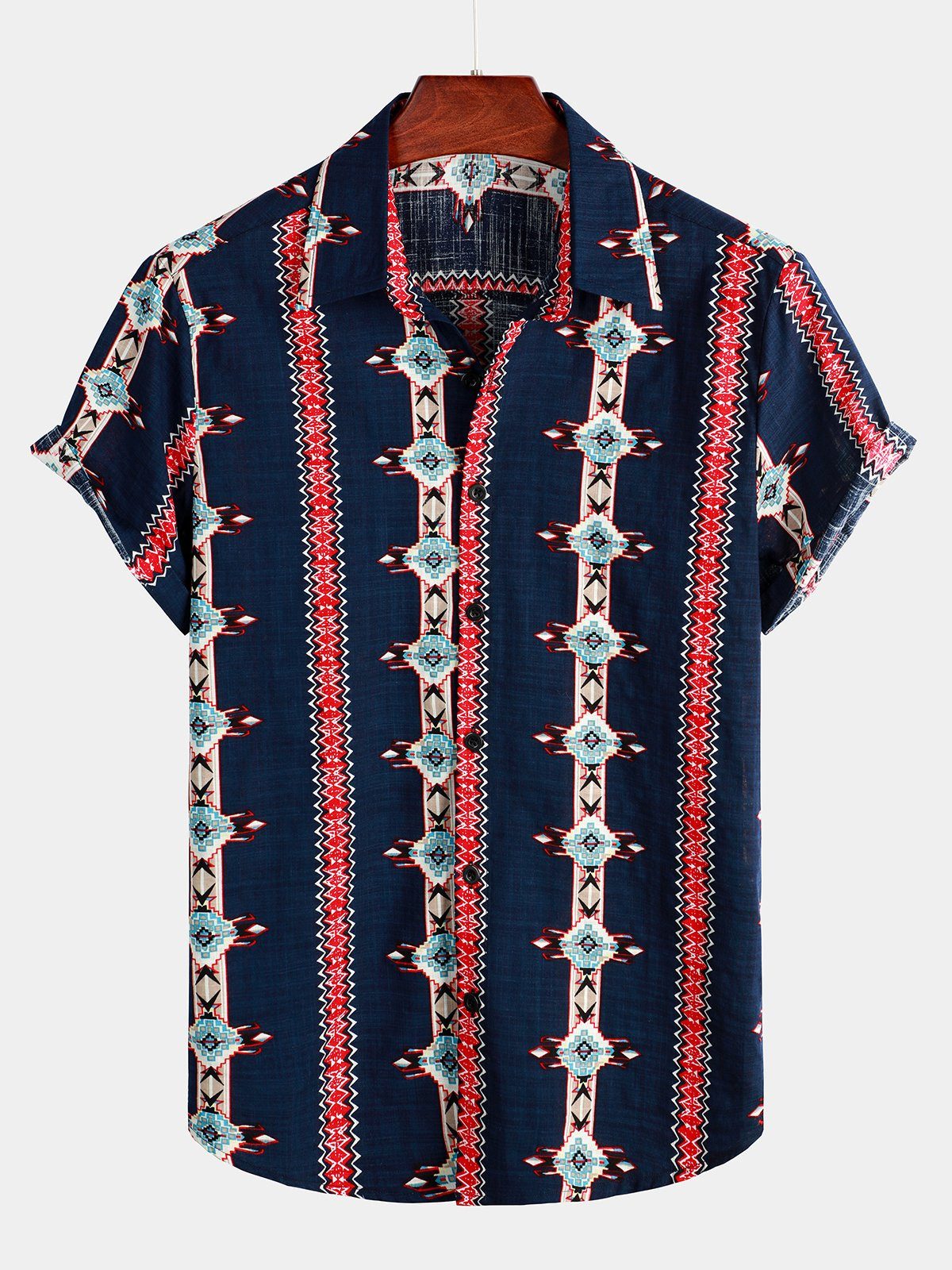 Mens Navy Blue Retro Short Sleeve Cotton Shirt Hawaiian Shirt for Men Women