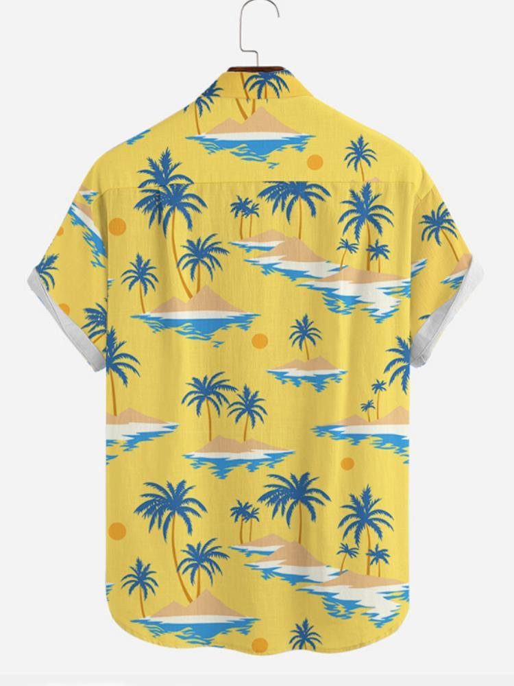 Mens Hawaiian Shirt Casual Aloha Beach Shirts Yellow Cotton-Blend Plant Beach Shirts