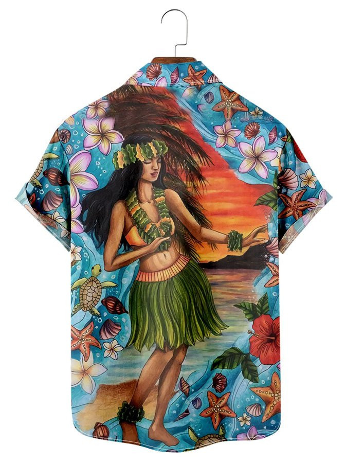 Mens Hawaiian Hula Dancer Print Casual Loose Short Sleeve Hawaiian Shirt