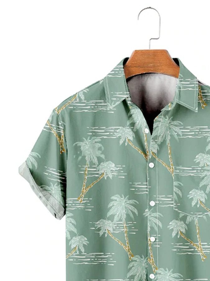 Mens 50s Classic Coconut Tree Wave Print Green Short Sleeve Hawaiian Shirt