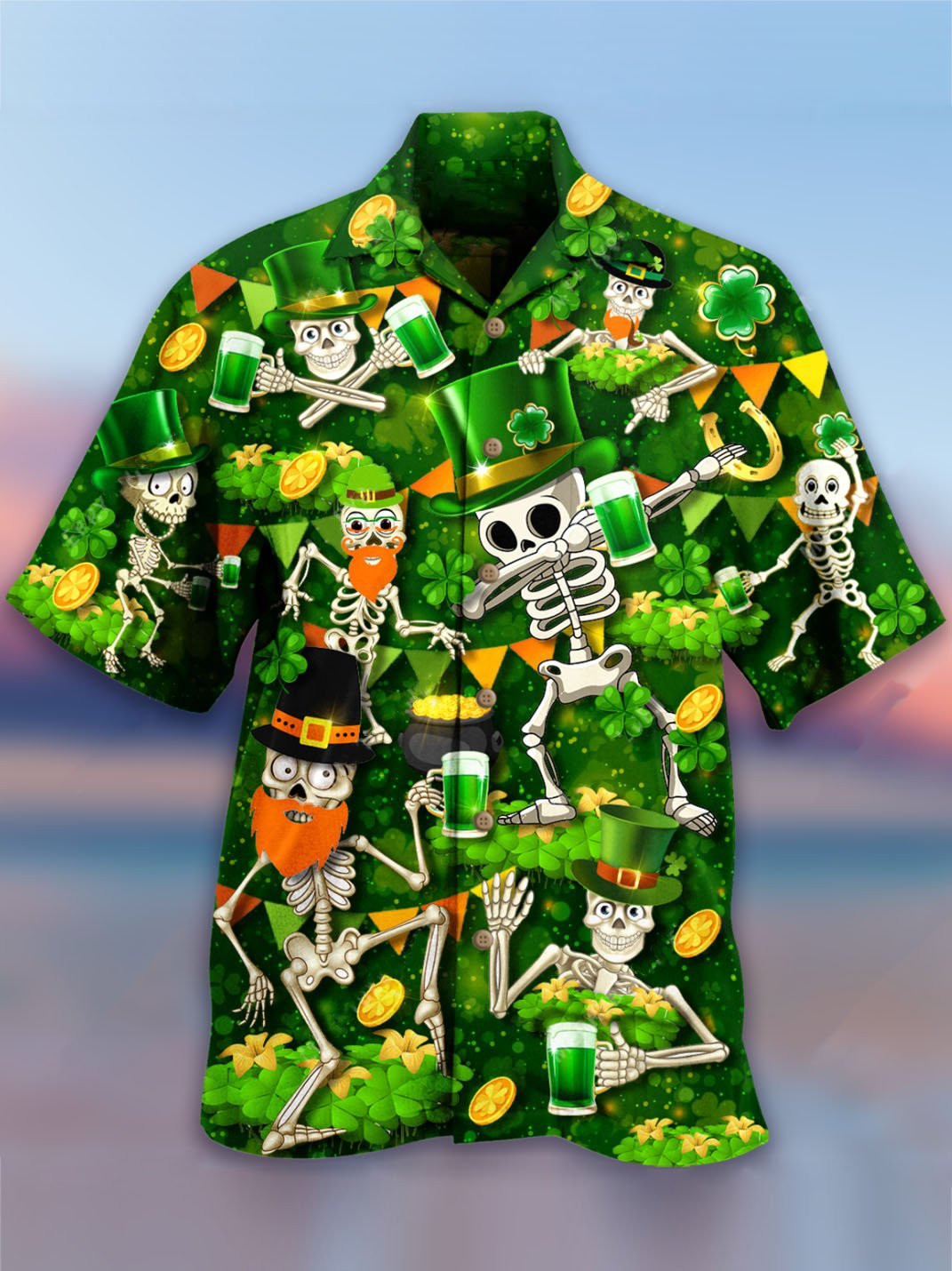 Mens Green Skull Shirts Plant Printed Hawaiian Collar Tops