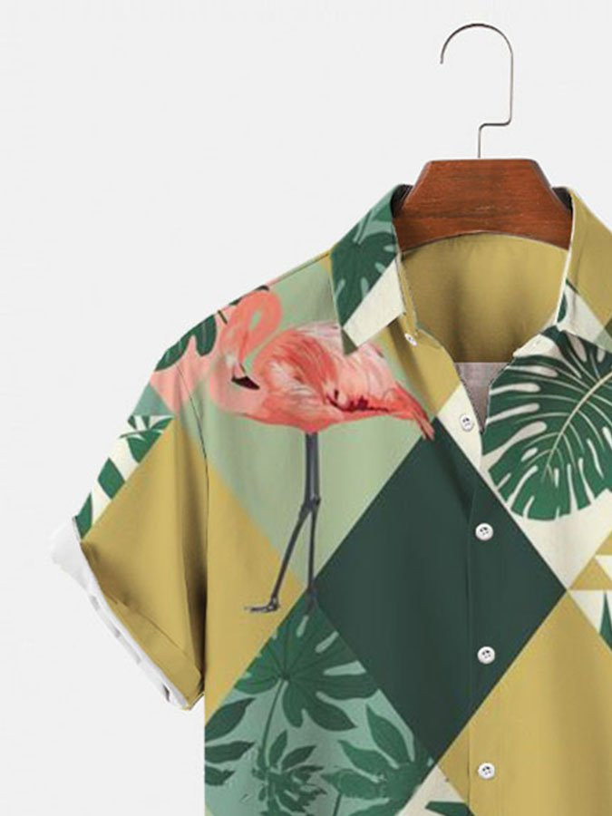 Mens Hawaiian Shirt Green Flamingo Holiday Series Shirts  Tops