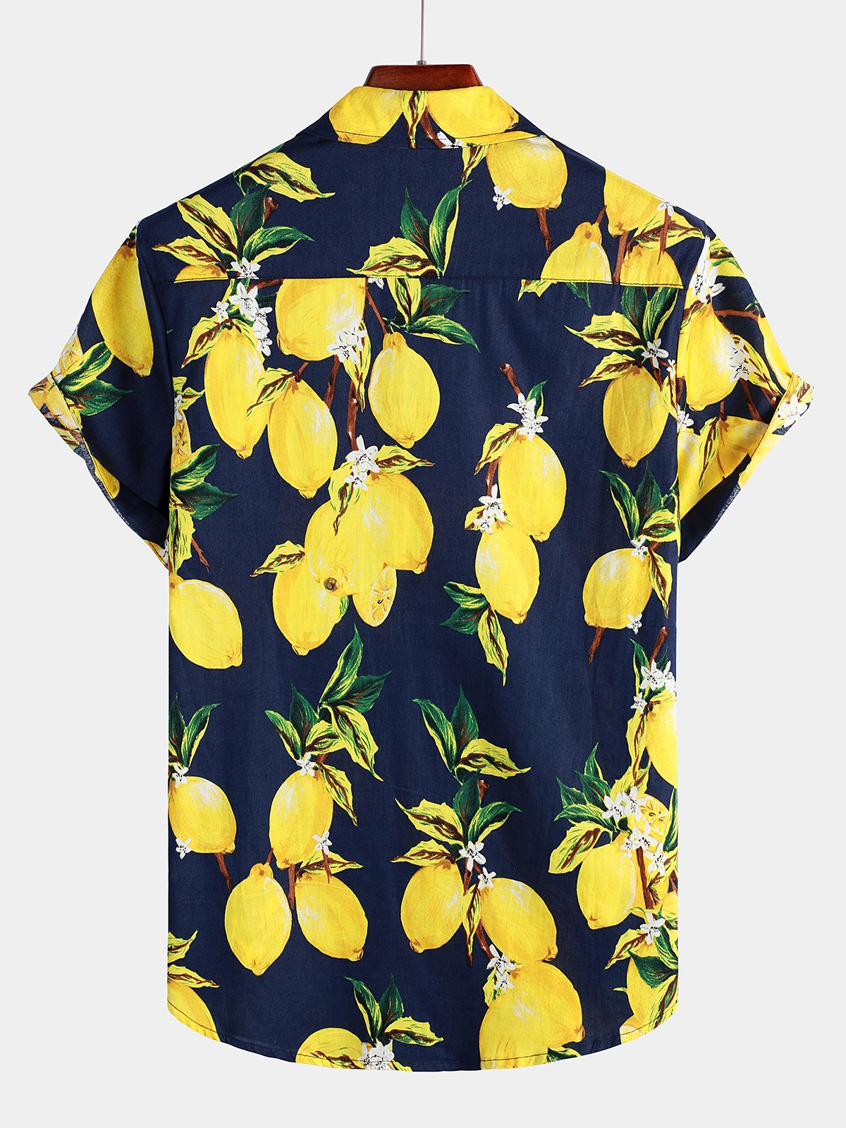 Mens Tropical Yellow Lemon Print Hawaiian Short Sleeve Shirt