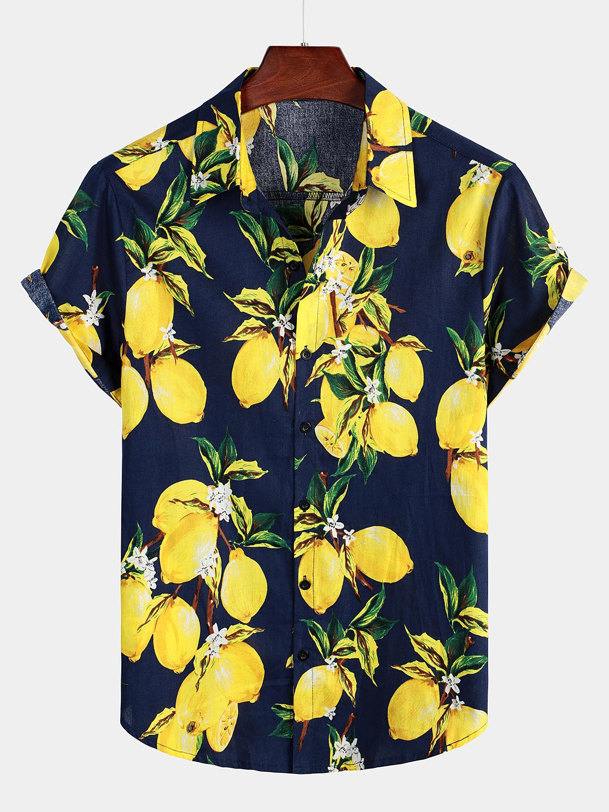 Mens Tropical Yellow Lemon Print Hawaiian Short Sleeve Shirt