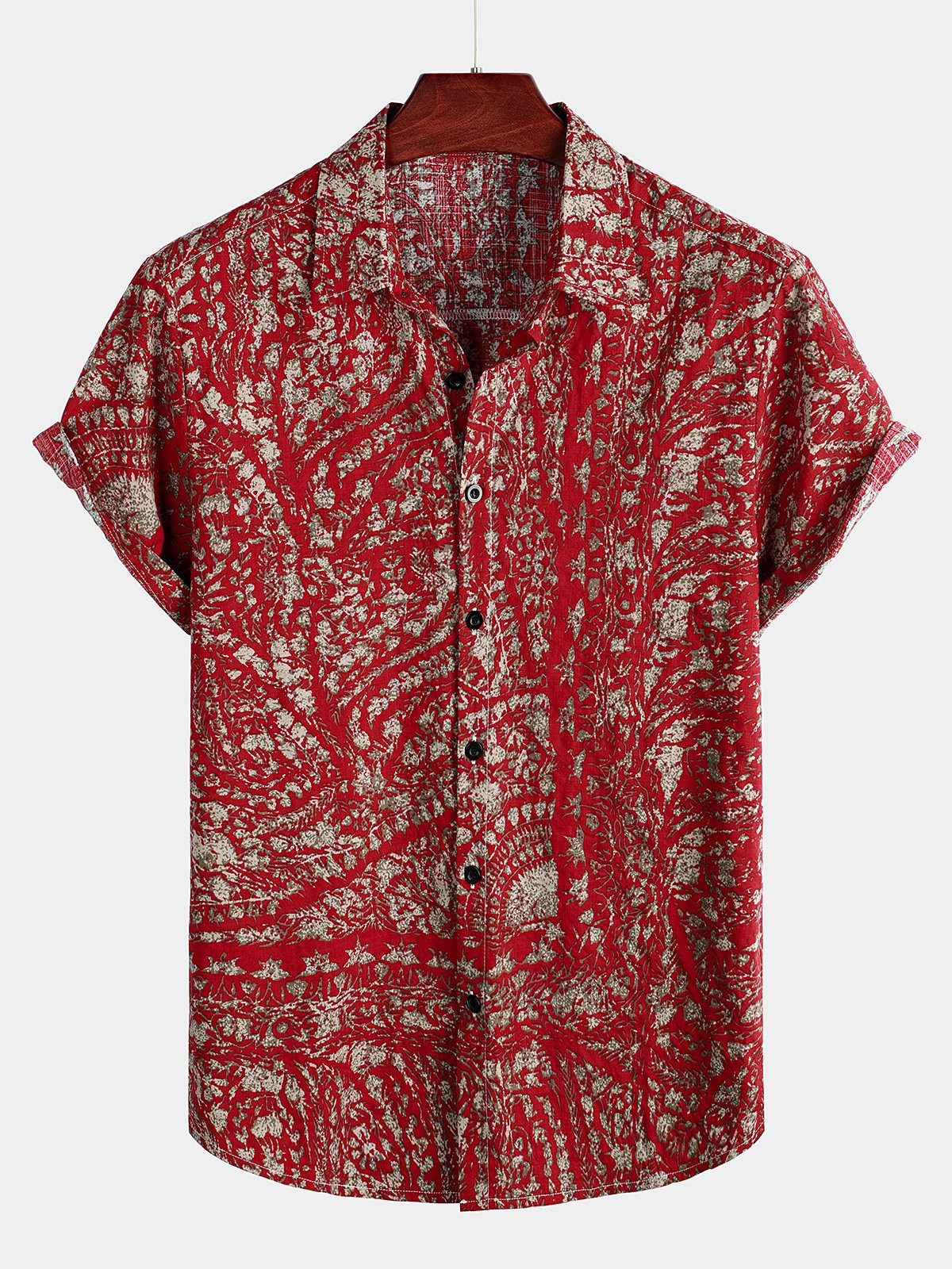 Mens Red Vintage Print Cotton Short Sleeve Shirt Hawaiian Shirt for Men Women