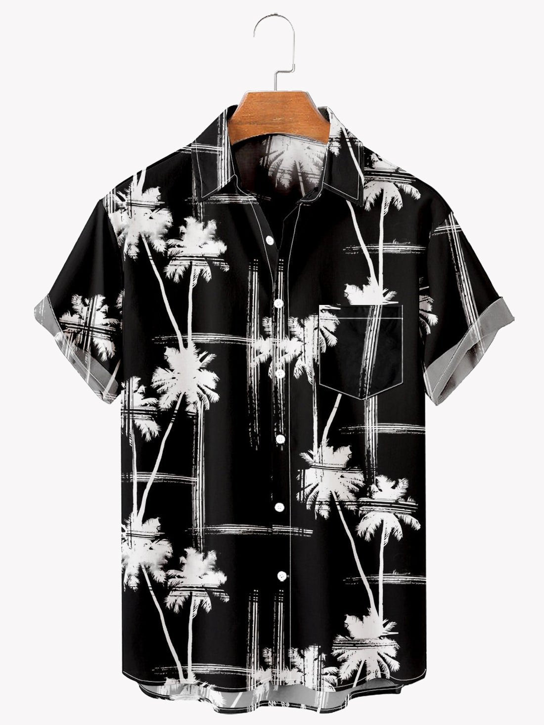 Mens Hawaiian Shirt Resort Coconut Tree Black Cotton Blend Short Sleeve Shirt