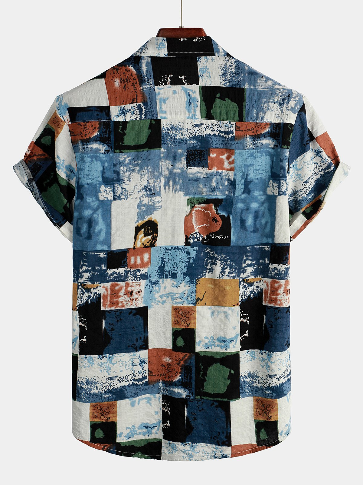 Mens Patchwork Color Block Print Cotton Short Sleeve Shirt Hawaiian Shirt for Men Women