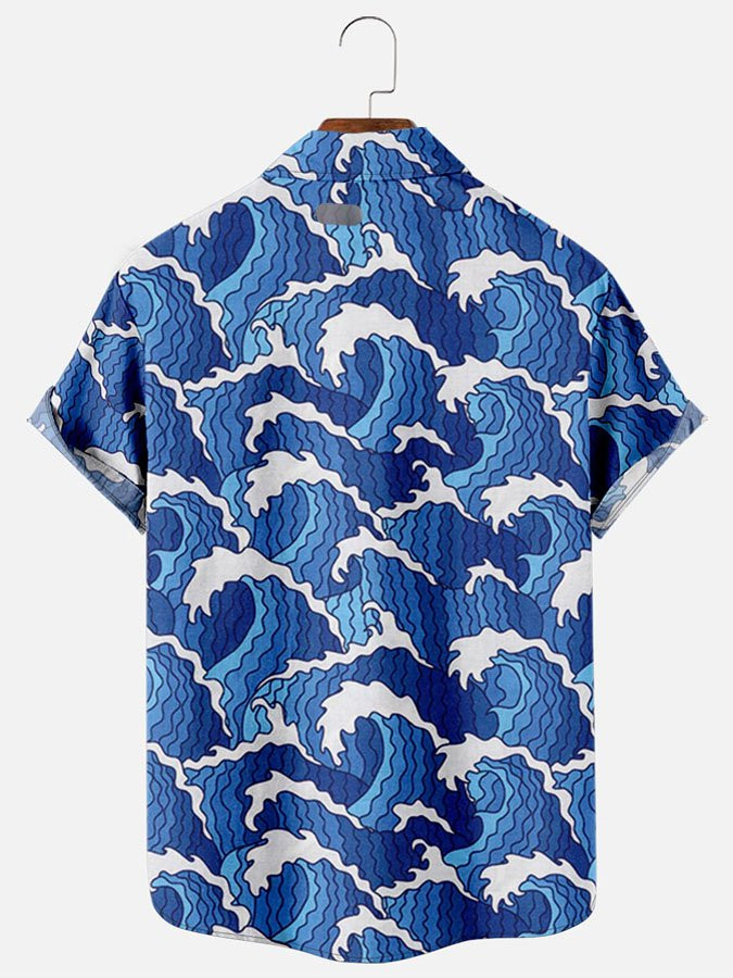 Mens Japanese Ukiyoe Wave Print Casual Breathable Chest Pocket Short Sleeve Hawaiian Shirts