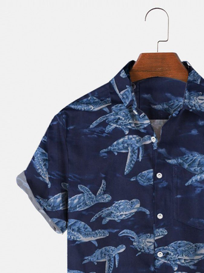 Mens Hawaiian Tropical Sea Turtle print Shirt Aloha Beach Plant Blouse