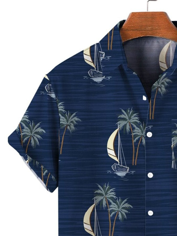 Mens Coconut Tree Beach Surf Casual Print Hawaiian Shirt