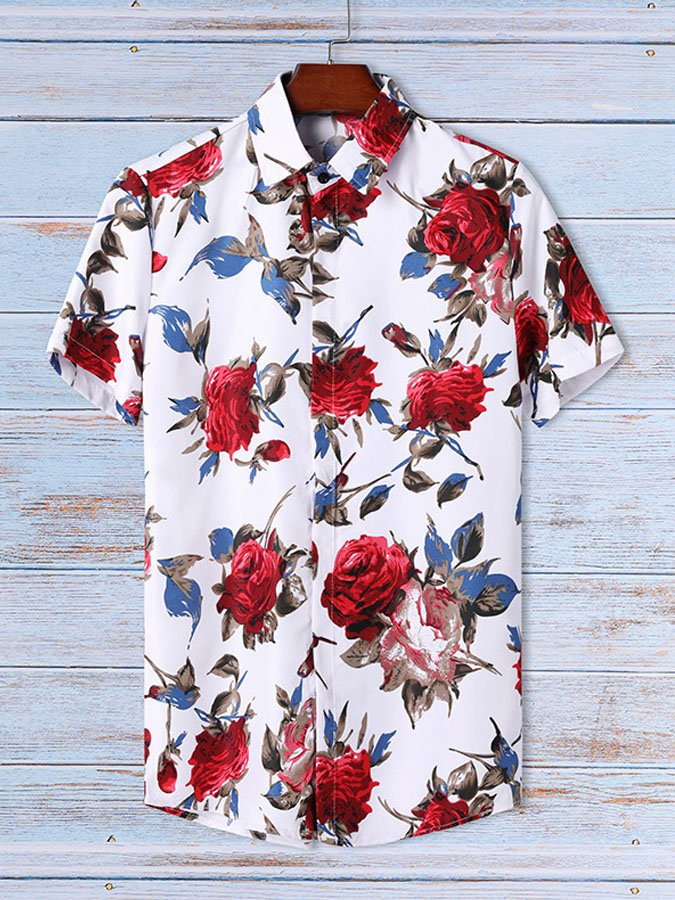 Mens Vintage Tropical Floral Print Cotton Short Sleeve Hawaiian Shirt