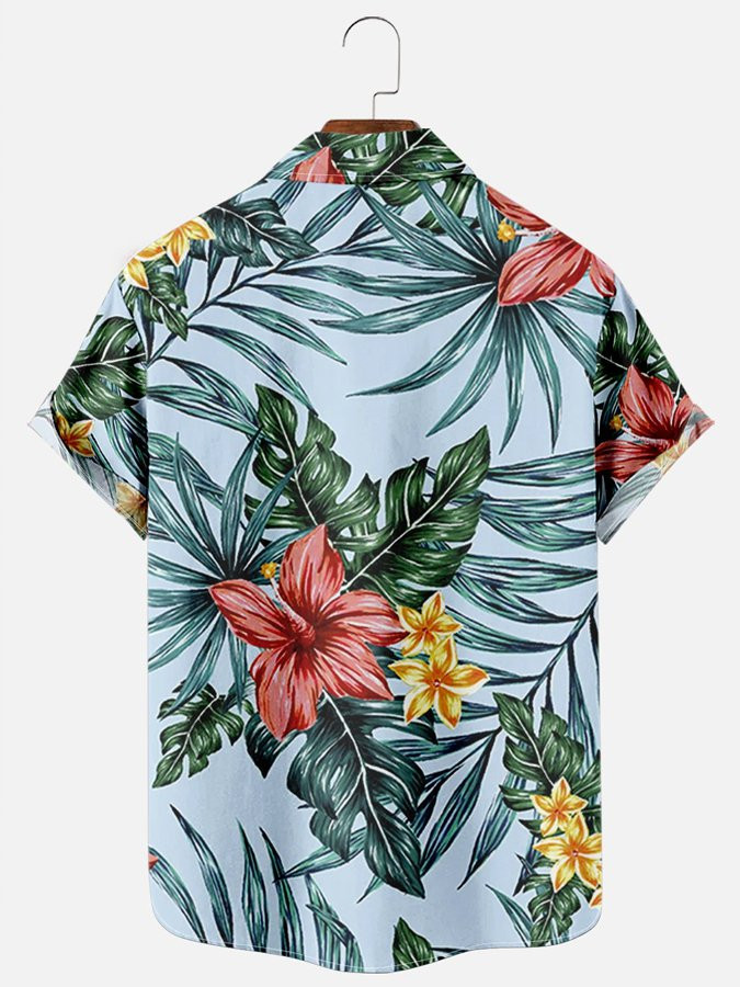 Mens Casual Hawaiian Shirt Tropical Leaves Print Blue Cotton Blend Short Sleeve Shirts