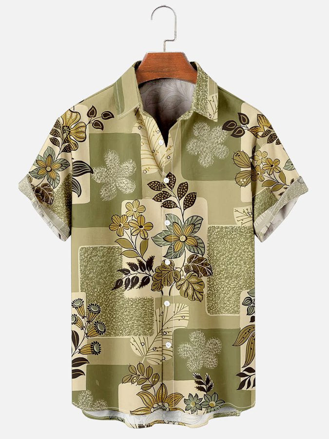 Mens Vintage Hawaiian Shirt Medieval Floral Cotton Blend Short Sleeve Shirt