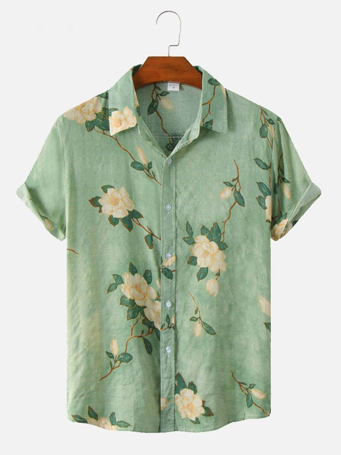 Mens Oil Painting Floral Pattern Printed Cotton Blend Short Sleeve Hawaiian shirt